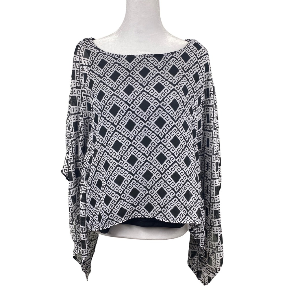 Sara Michelle‎ Womens Petite Large Black White Geometric Print Poncho Blouse Top